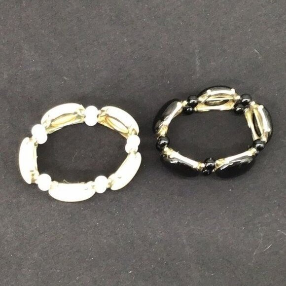 Taramanda Two Black Cream Beads Set in a Gold Tone Metal on Stretch Band Style B - Picture 2 of 3